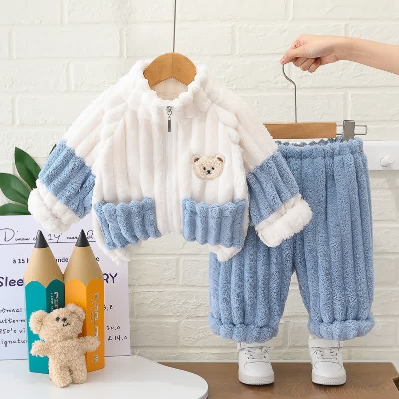 Baby Toddler Animal Patch Plush Zip Jacket and Pants 2-piece Set - Blue - 4-5T - image 3