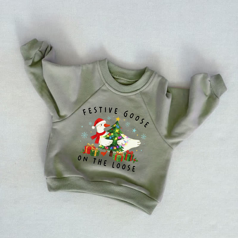 FESTIVE GOOSE ON THE LOOSE Baby Toddler Christmas Tree Grey Green Sweatshirt - Grey Green - 3-5T - image 1