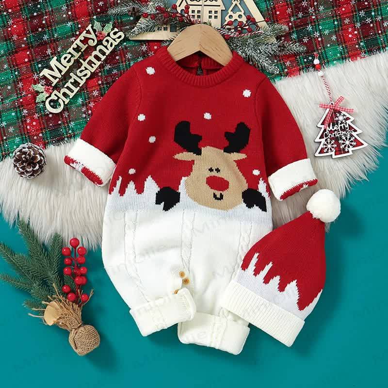 Baby Reindeer Jacquard Knit Christmas Romper - Red - 12-18M - image 1
