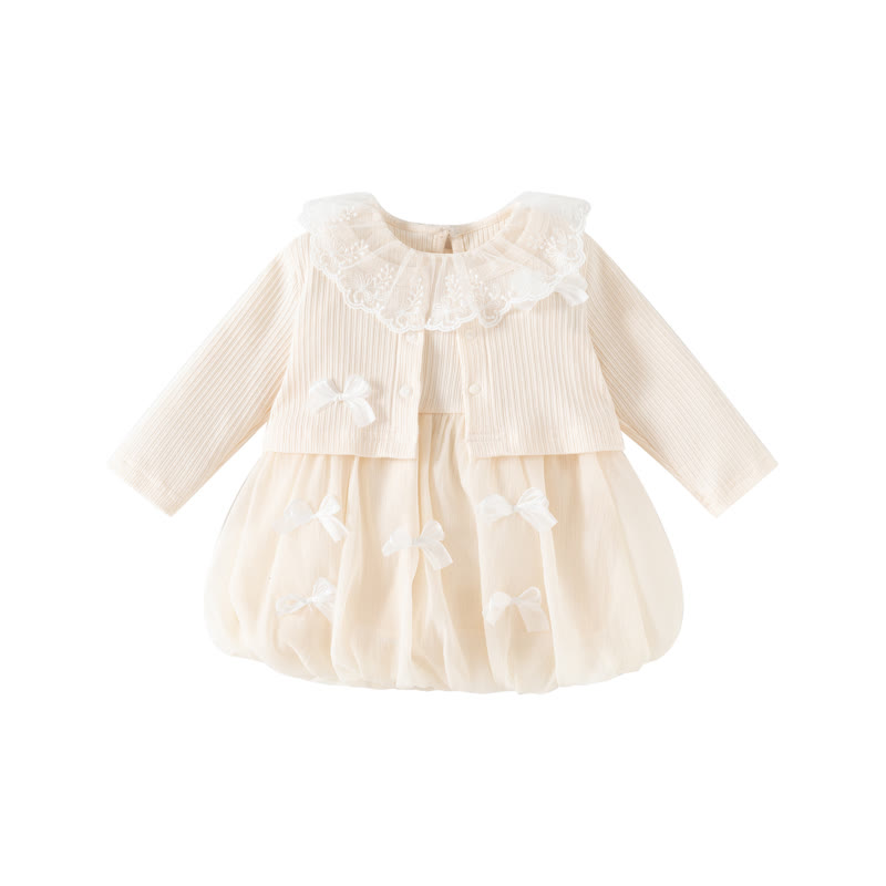 Baby Girl Lace Collar Bow Tulle Dress - Beige - 2-3T - image 2