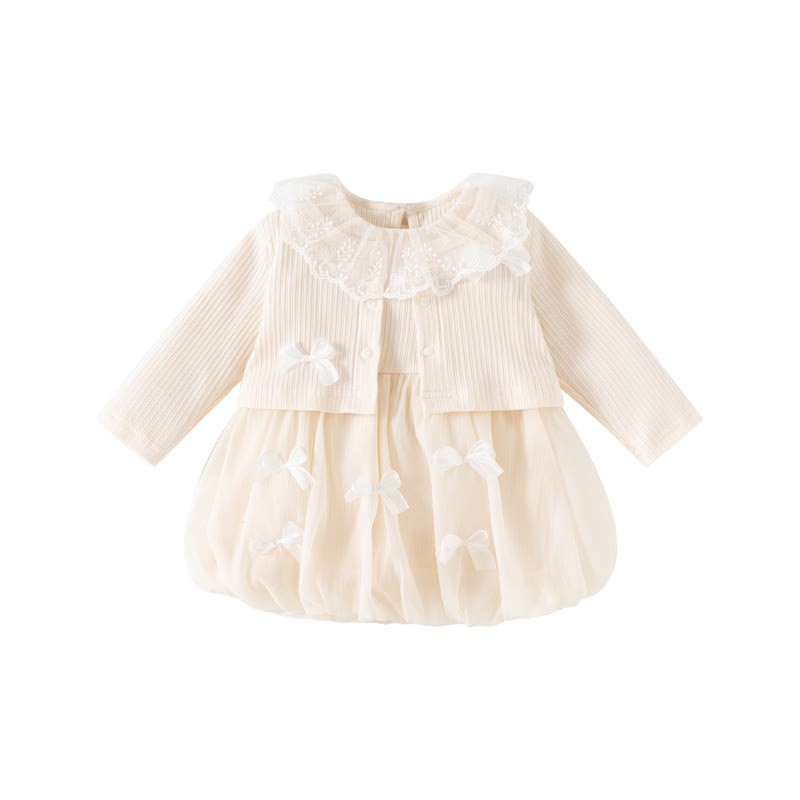 Baby Girl Lace Collar Bow Tulle Dress - Beige - 2-3T - image 2