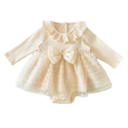 Baby Girls Beige Ruffle Collar Bow Tulle Dress - Beige - 12-24M - image 2