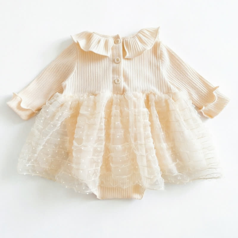 Baby Girls Beige Ruffle Collar Bow Tulle Dress - image 3