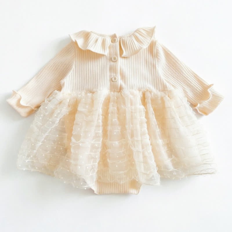 Baby Girls Beige Ruffle Collar Bow Tulle Dress - image 3