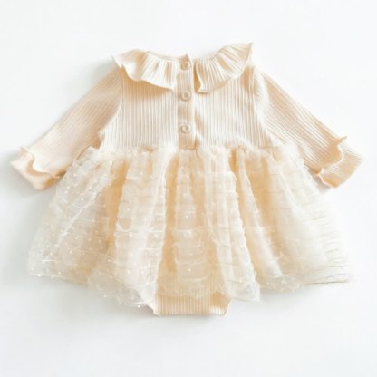 Baby Girls Beige Ruffle Collar Bow Tulle Dress - image 3