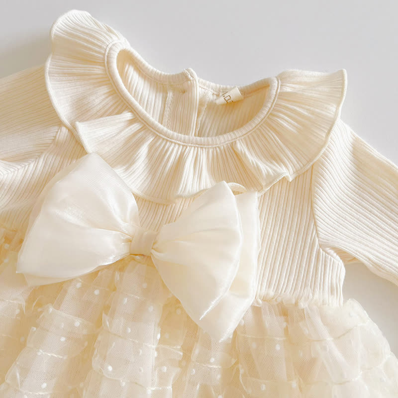 Baby Girls Beige Ruffle Collar Bow Tulle Dress - image 4