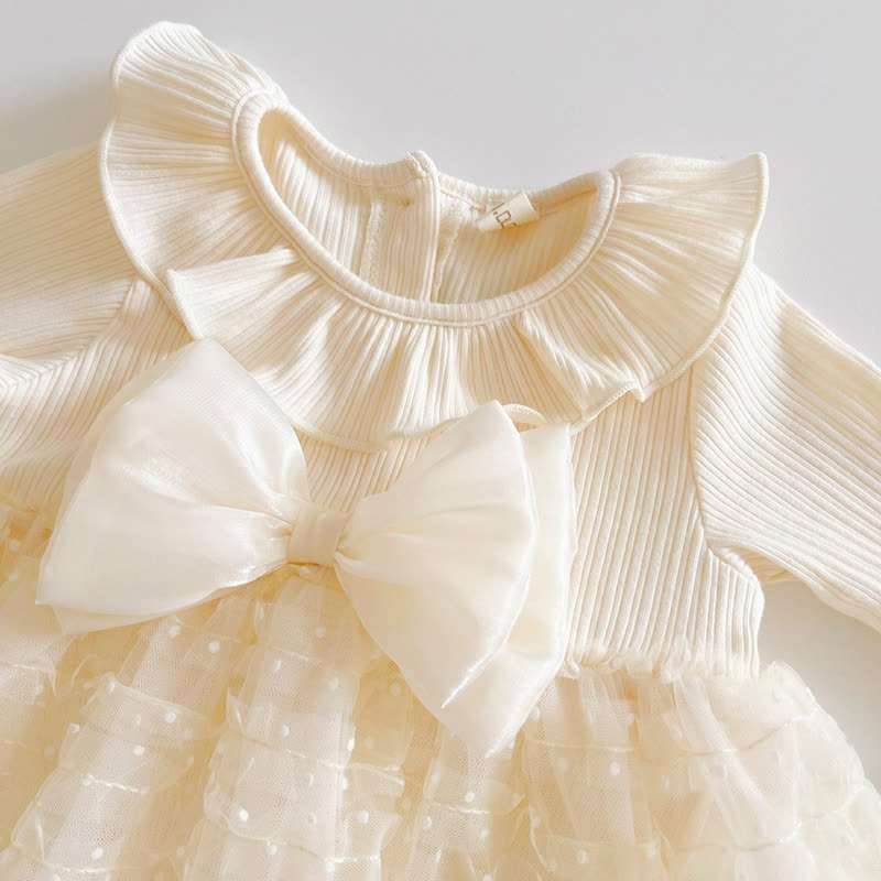 Baby Girls Beige Ruffle Collar Bow Tulle Dress - image 4