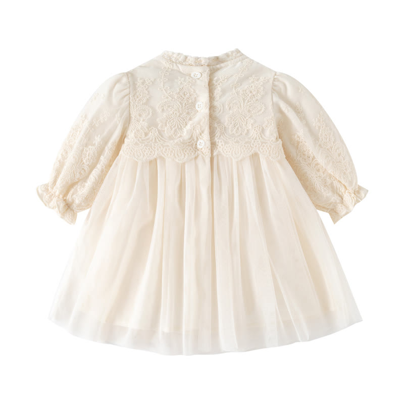 Baby Girl Beige Lace Puff Sleeve Tulle Dress - image 3