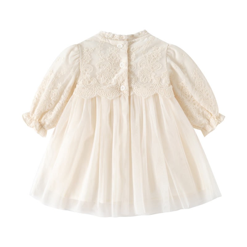 Baby Girl Beige Lace Puff Sleeve Tulle Dress - image 3