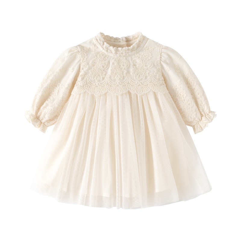 Baby Girl Beige Lace Puff Sleeve Tulle Dress - Beige - 24-36M - image 2