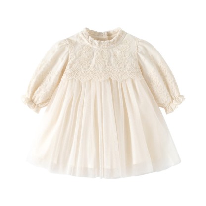 Baby Girl Beige Lace Puff Sleeve Tulle Dress - Beige - 24-36M - image 2