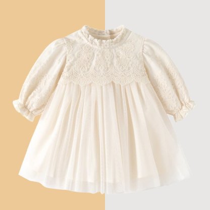 Baby Girl Beige Lace Puff Sleeve Tulle Dress - image 1
