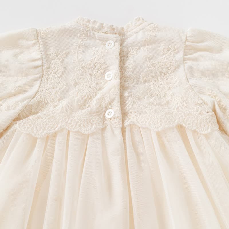 Baby Girl Beige Lace Puff Sleeve Tulle Dress - image 5