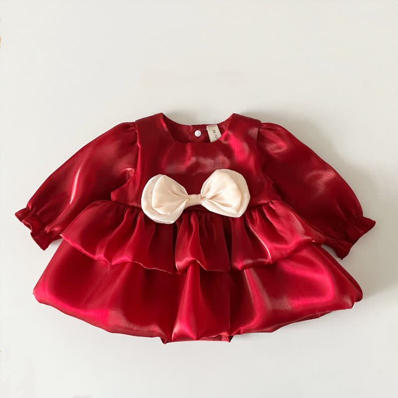 Baby Girls Bow Satin Long Sleeve Dress - Red - 12-24M - image 4