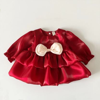 Baby Girls Bow Satin Long Sleeve Dress - Red - 12-24M - image 4