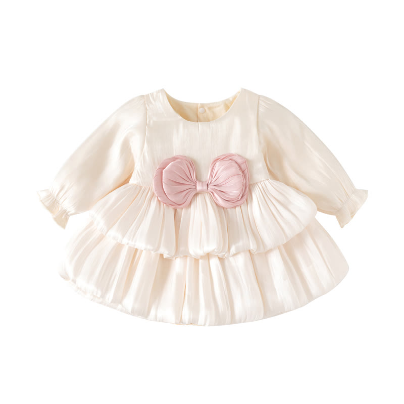Baby Girls Bow Satin Long Sleeve Dress - Beige - 12-24M - image 2