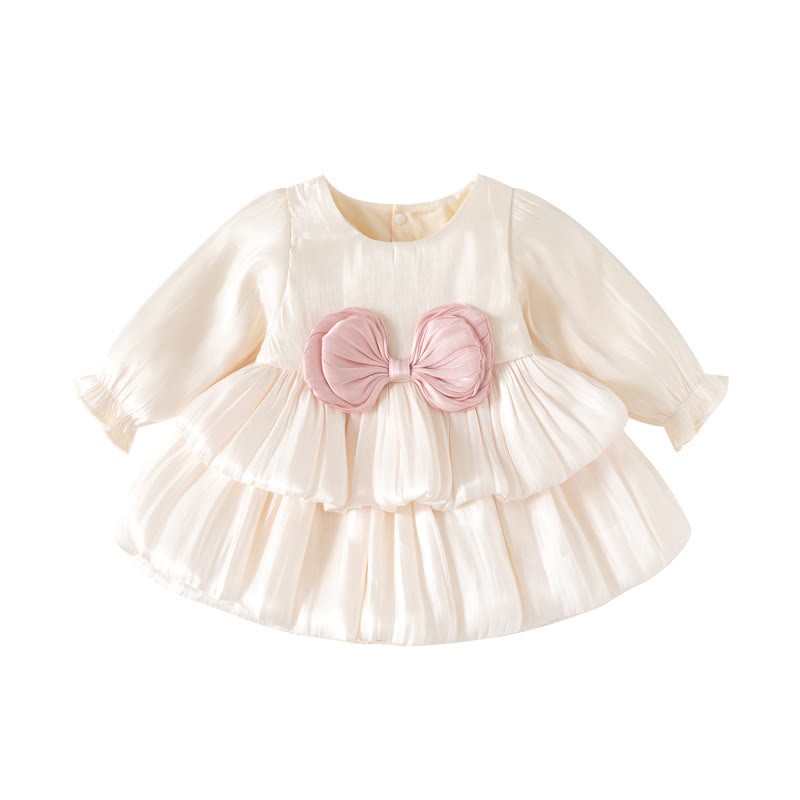 Baby Girls Bow Satin Long Sleeve Dress - Beige - 12-24M - image 2