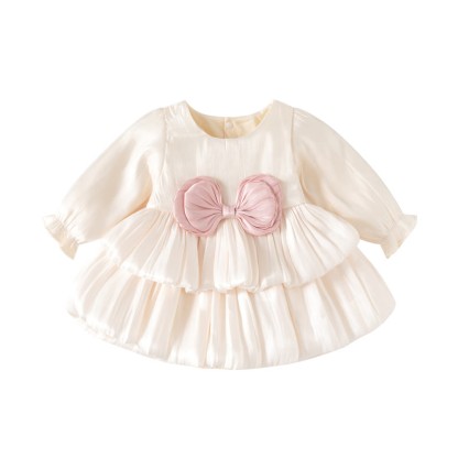 Baby Girls Bow Satin Long Sleeve Dress - Beige - 12-24M - image 2