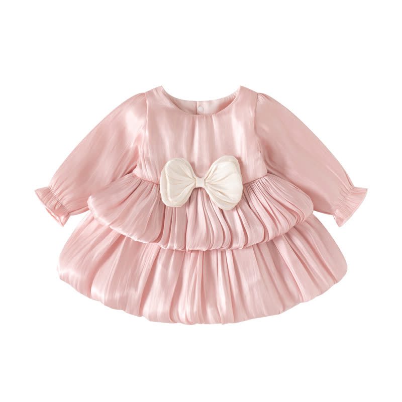 Baby Girls Bow Satin Long Sleeve Dress - Pink - 12-24M - image 3