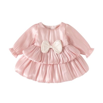 Baby Girls Bow Satin Long Sleeve Dress - Pink - 12-24M - image 3