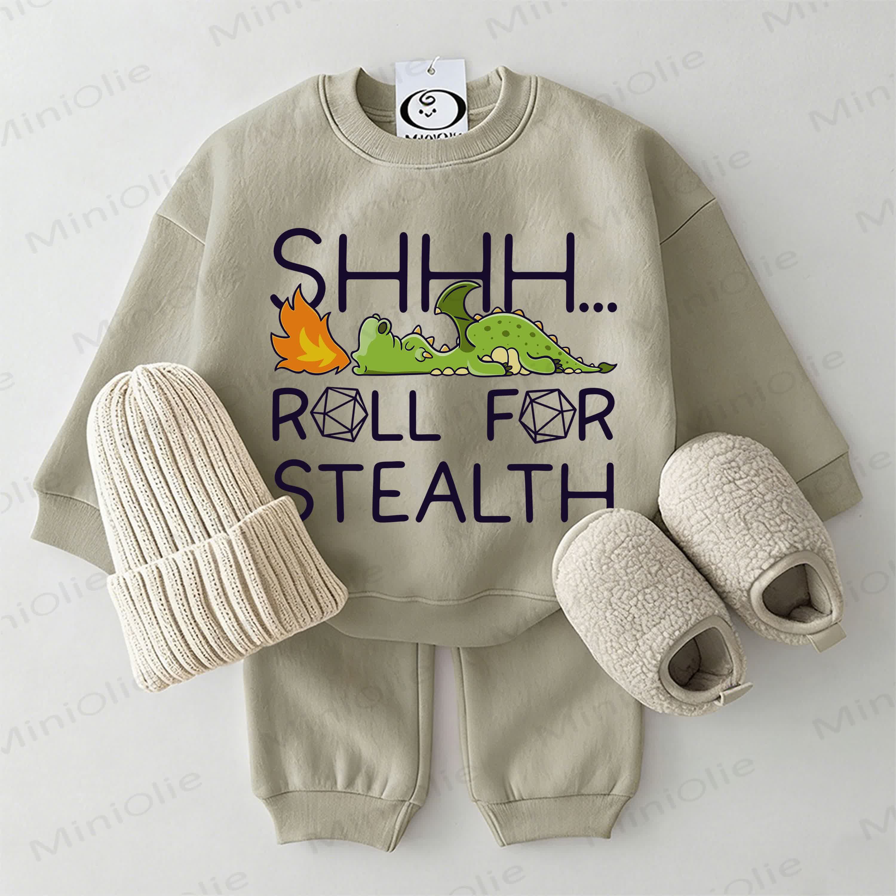 SHHH... ROLL FOR STEALTH Baby Dinosaur Grey Green Sweatshirt 2-piece Set - Grey Green - 2-3T - image 1