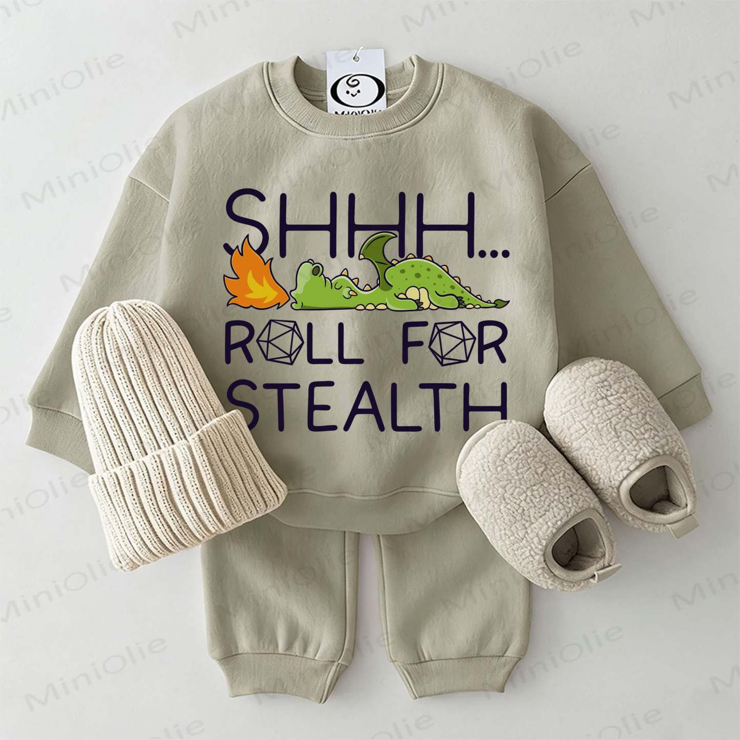 SHHH... ROLL FOR STEALTH Baby Dinosaur Grey Green Sweatshirt 2-piece Set - Grey Green - 2-3T - image 1