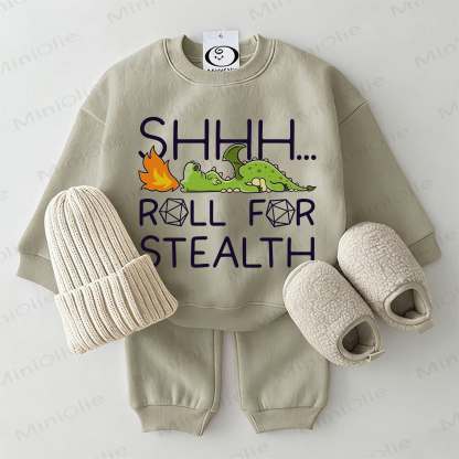 SHHH... ROLL FOR STEALTH Baby Dinosaur Grey Green Sweatshirt 2-piece Set - Grey Green - 2-3T - image 1
