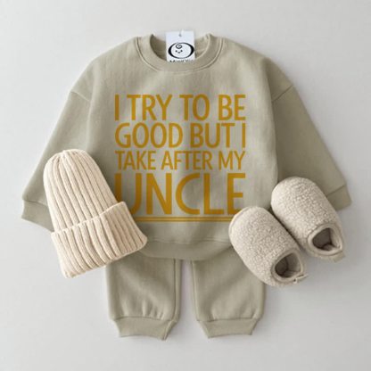 I TRY TO BE GOOD BUT I TAKE AFTER MY UNCLE Baby Grey Green Sweatshirt 2-piece Set - Grey Green - 2-3T - image 1