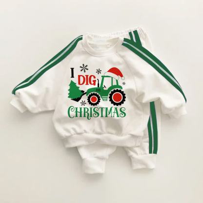 I DIG CHRISTMAS Baby Toddler Excavator Green Striped 2-piece Set - White&Green - 3-5T - image 1
