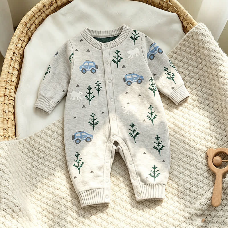 Baby Grey Car and Tree Pattern Snap Romper - image 1