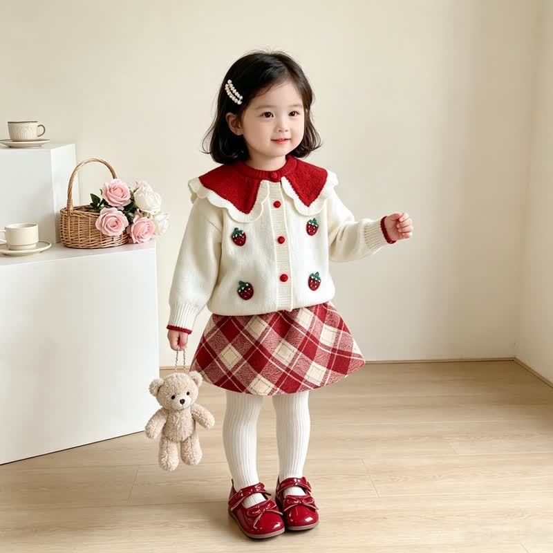 Toddler Girl Strawberry Knit Cardigan and Skirt 2-piece Set - White - 7-8Y - image 2