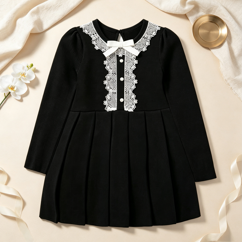 Toddler Baby Girl Black Velvet Bow Detail Long Sleeve Dress - Black - 4-5T - image 1