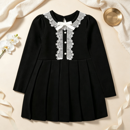 Toddler Baby Girl Black Velvet Bow Detail Long Sleeve Dress - Black - 4-5T - image 1