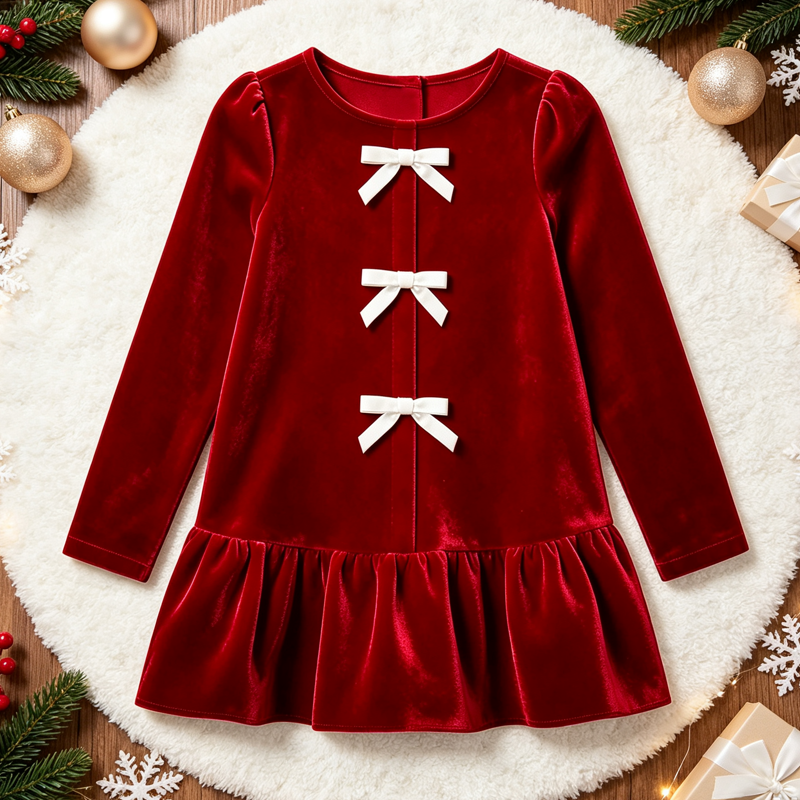 Toddler Baby Girl Red Velvet Bow Detail Long Sleeve Dress - Red - 4-5T - image 1