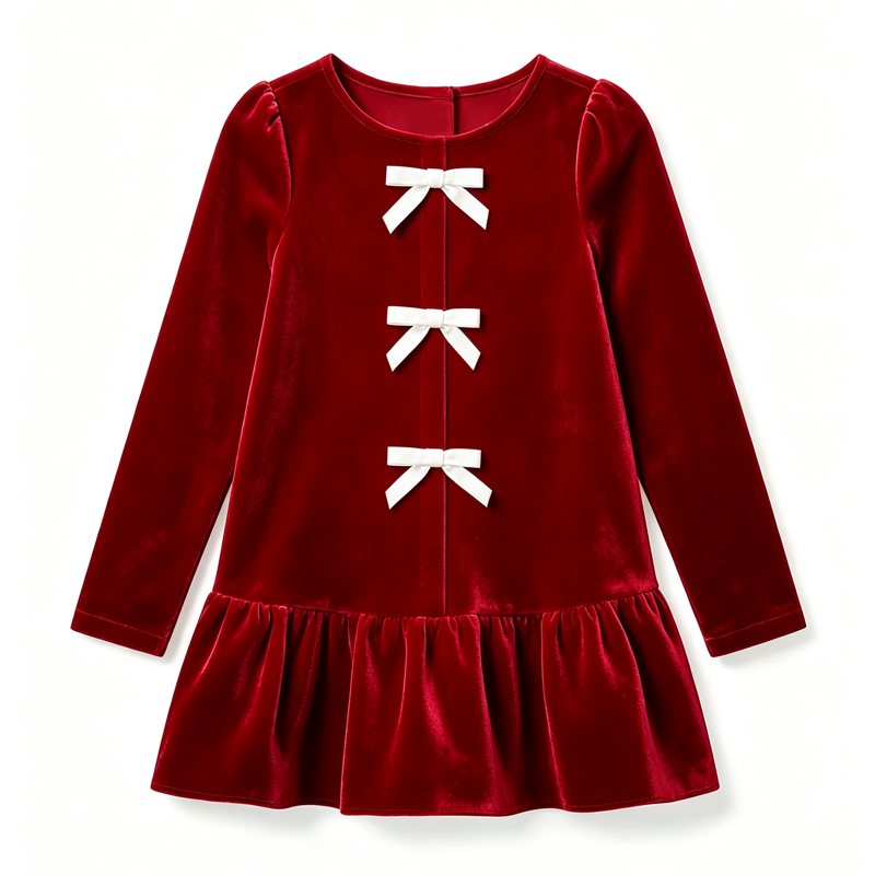 Toddler Baby Girl Red Velvet Bow Detail Long Sleeve Dress - image 2