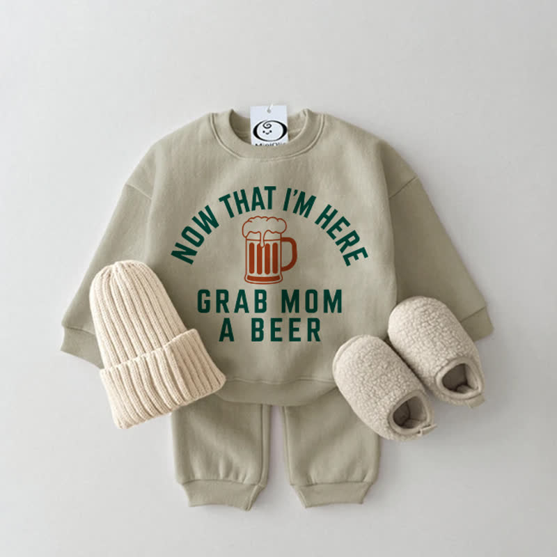 NOW THAT I'M HERE GRAB MOM A BEER Baby Grey Green Sweatshirt 2-piece Set - Grey Green - 2-3T - image 1