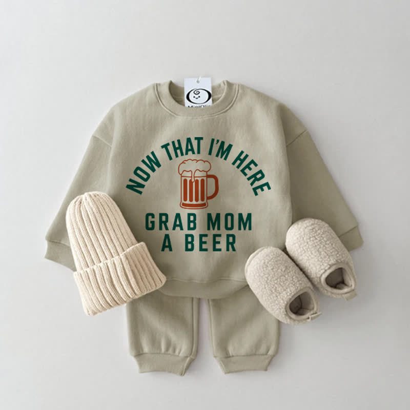 NOW THAT I'M HERE GRAB MOM A BEER Baby Grey Green Sweatshirt 2-piece Set - Grey Green - 2-3T - image 1