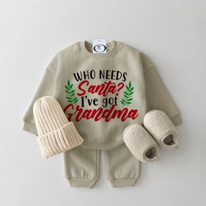 WHO NEEDS SANTA? I'VE GOT GRANDMA Baby Grey Green Sweatshirt 2-piece Set - Grey Green - 2-3T - image 1