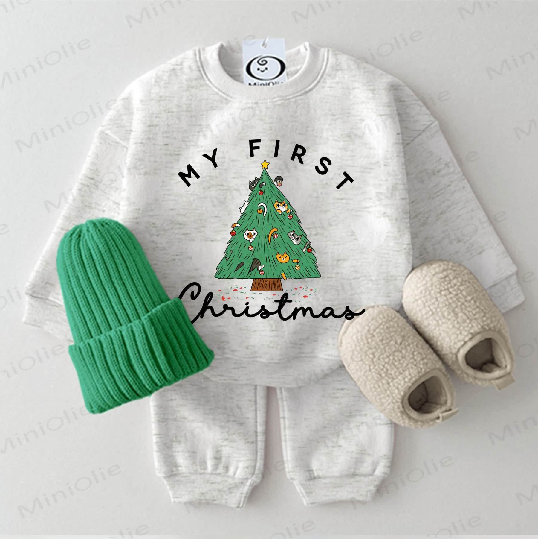 MY FIRST CHRISTMAS Baby Christmas Tree Kittens Light Grey Sweatshirt 2-piece Set - Light Grey - 2-3T - image 1