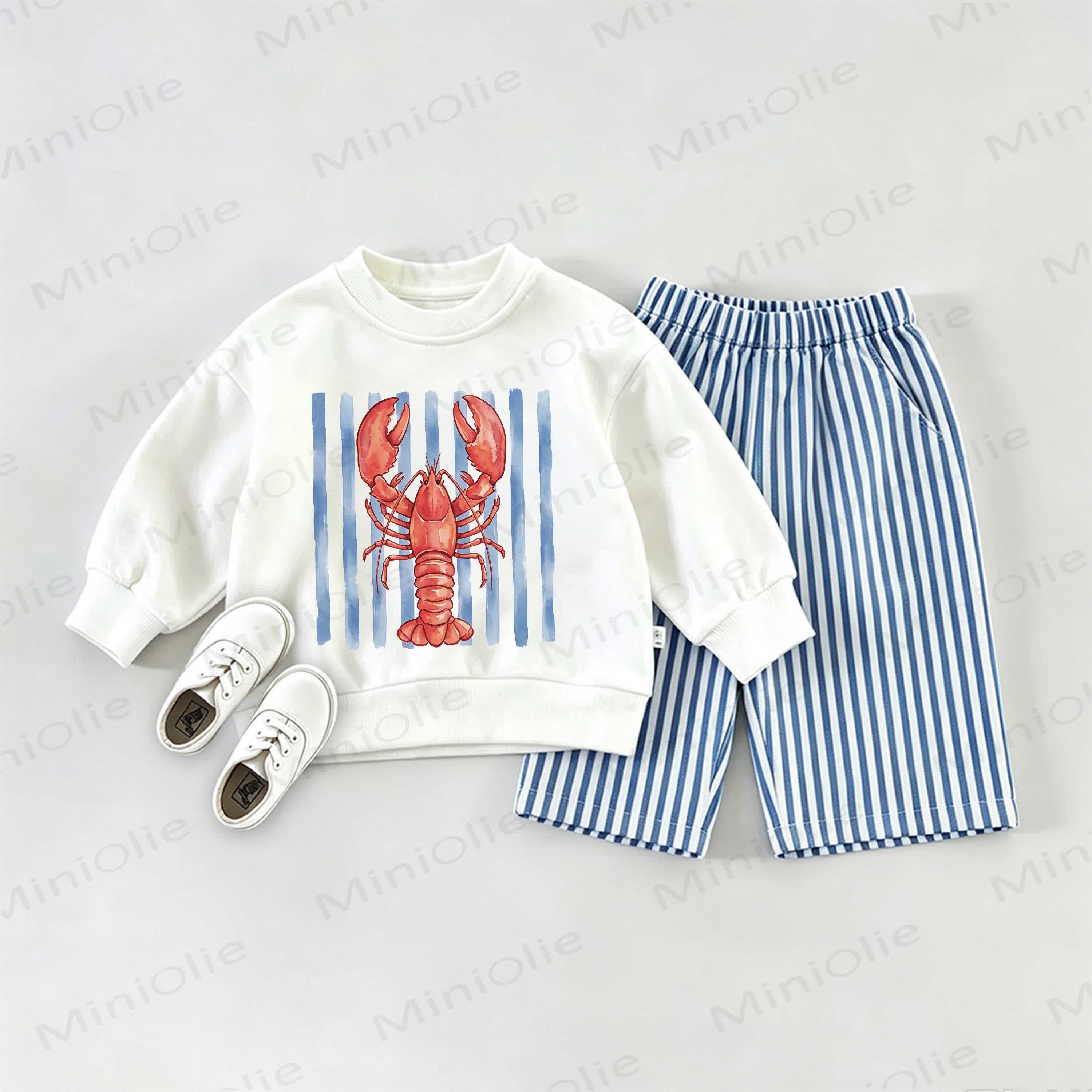 Baby Lobster Striped Sweatshirt 2-piece Set - White&Blue - 2-3T - image 1