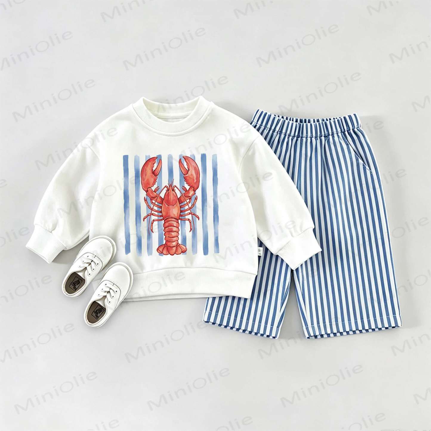 Baby Lobster Striped Sweatshirt 2-piece Set - White&Blue - 2-3T - image 1
