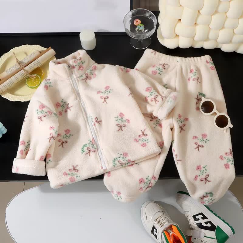 Toddler Fleece Animal Print Zip Loungewear 2-piece Set - Beige - 10-11T - image 4