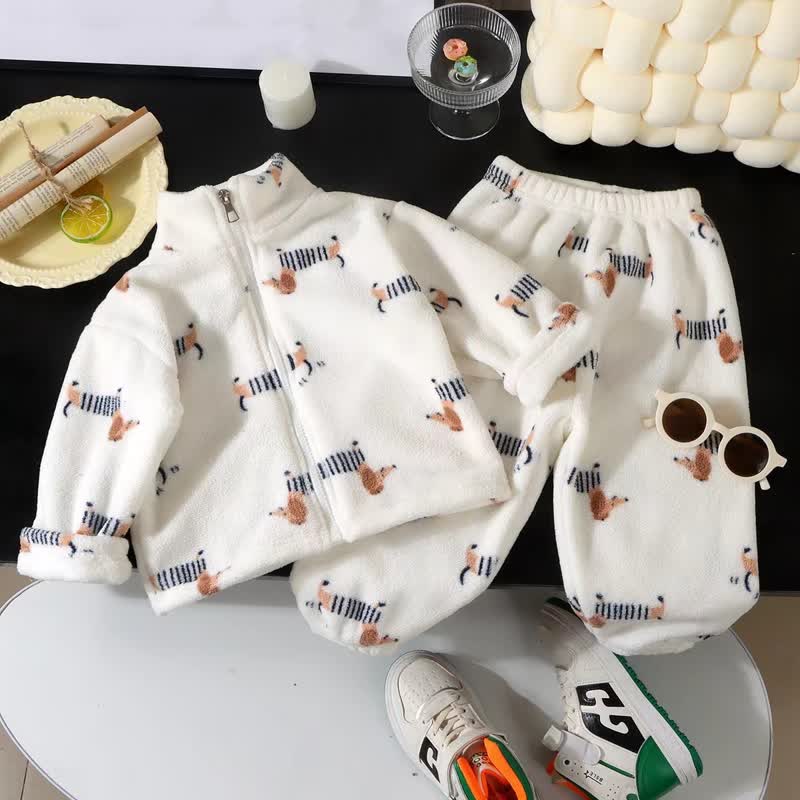 Toddler Fleece Animal Print Zip Loungewear 2-piece Set - White - 10-11T - image 1