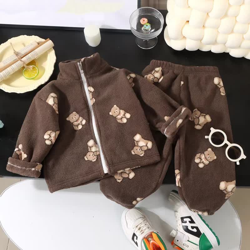 Toddler Fleece Animal Print Zip Loungewear 2-piece Set - Brown - 10-11T - image 3