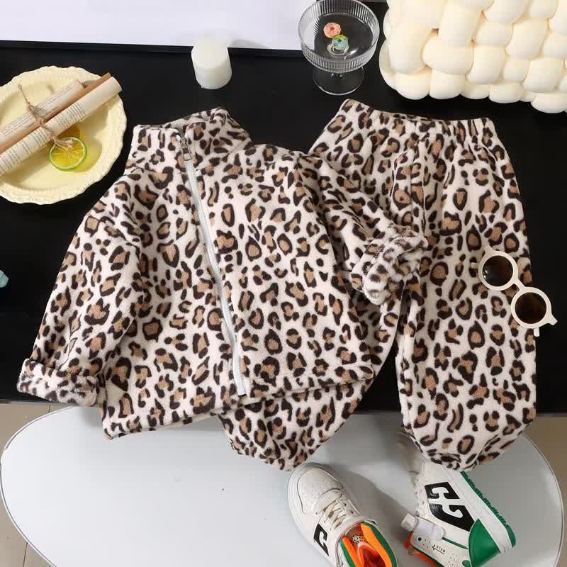 Toddler Fleece Animal Print Zip Loungewear 2-piece Set - Khaki - 10-11T - image 2