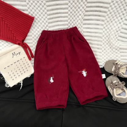 Baby Toddler Penguin Embroidered Corduroy Pants - Red - 3-4T - image 3