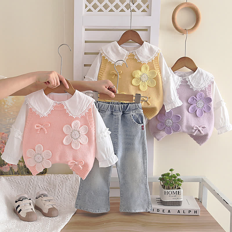 Toddler Baby Girl Floral Knit Denim 3-piece Set - image 1