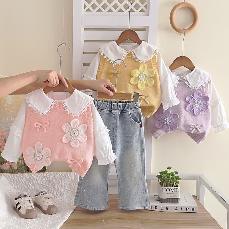 Toddler Baby Girl Floral Knit Denim 3-piece Set - image 1