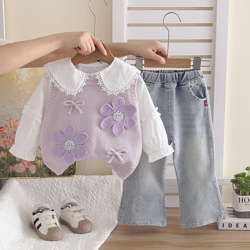 Toddler Baby Girl Floral Knit Denim 3-piece Set - Purple - 4-5T - image 4