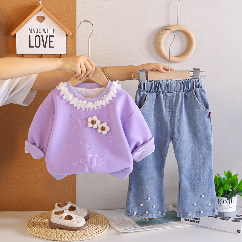 SMILE Toddler Baby Girl Flower Bunny Top and Denim Pants 2-piece Set - Purple - 4-5T - image 3